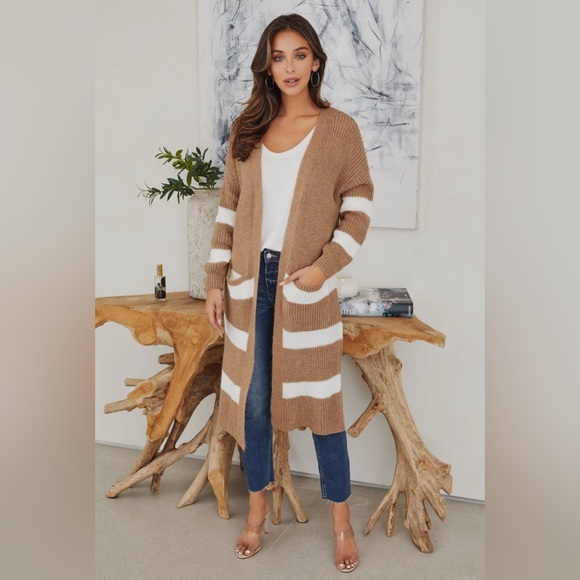 Sweaters - Striped Tan and White Women's Cardigan. New with tags